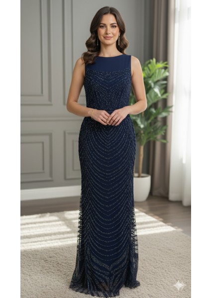 Yeni Sezon Lacivert Işlemeli Şık Davet Elbisesi Abiye Elbise