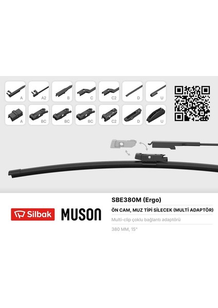 Sılbak SBE380M Silecek Süpürgesi Muz Tipi 380MM A. Bc.c2.d ve U Tipi Kollar Icın Multi Adaptorlü