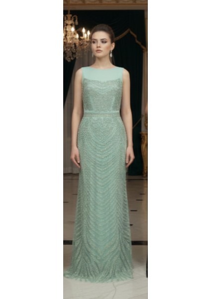 Yeni Sezon Su Yeşili Işlemeli Şık Davet Elbisesi Abiye Elbise fiyatları