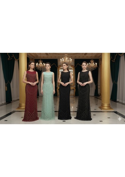 Yeni Sezon Su Yeşili Işlemeli Şık Davet Elbisesi Abiye Elbise modelleri