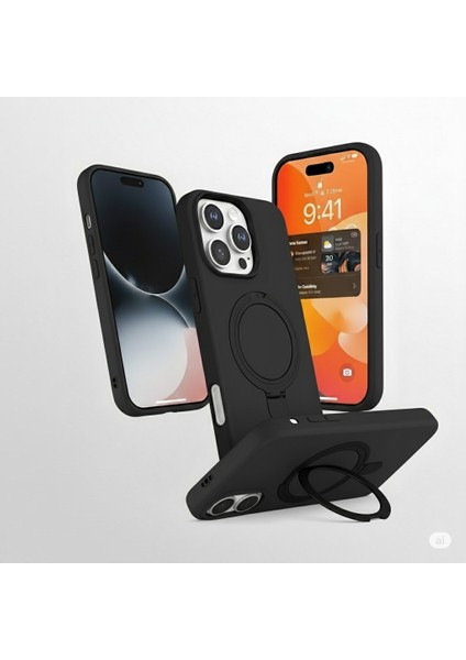 Iphone 15 Pro Uyumlu Kılıf Magsafe Şarj Destekli Açılır Standlı Çizilmez Yumuşak Kapak