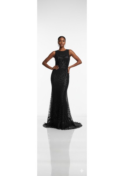 Yeni Sezon Siyah Işlemeli Şık Davet Elbisesi Abiye Elbise