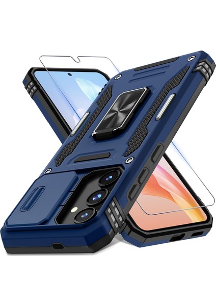 Samsung Galaxy S25 Fe Uyumlu Ekran Koruyuculu Kılıf Sürgülü Yüzüklü Standlı Darbe Emici Tank Kapak