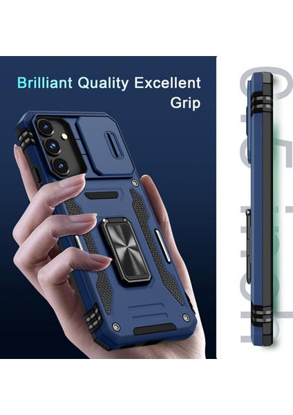 Samsung Galaxy S25 Fe Uyumlu Ekran Koruyuculu Kılıf Sürgülü Yüzüklü Standlı Darbe Emici Tank Kapak