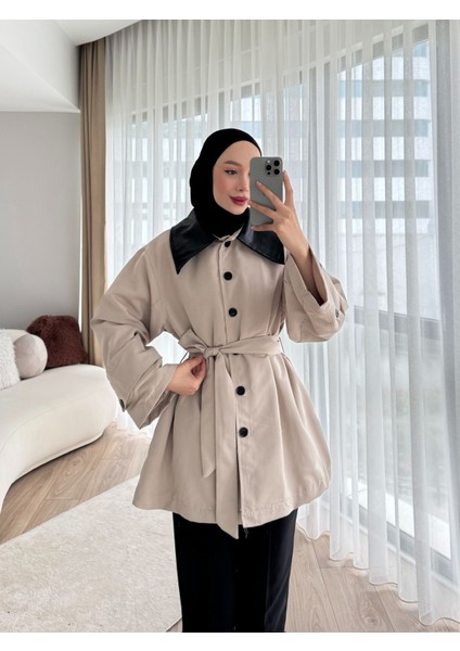 Deri Detaylı Trençkot