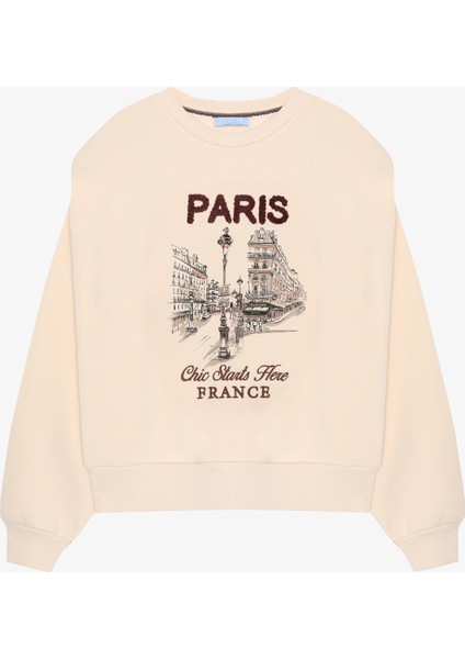 Vatkalı Paris Baskılı Oversize Sweatshirt Bej