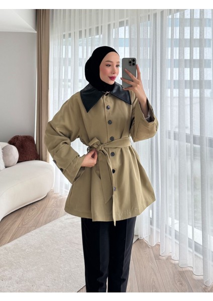 Deri Detaylı Trençkot