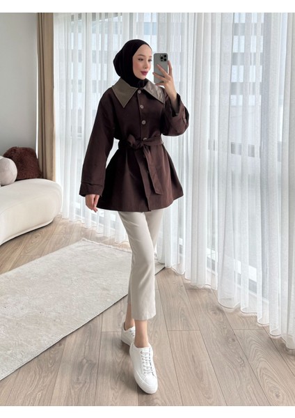 Deri Detaylı Trençkot