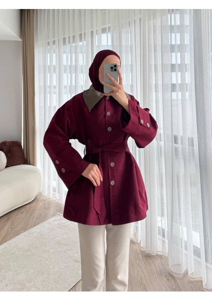 Deri Detaylı Trençkot