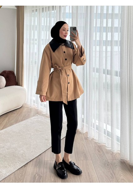 Deri Detaylı Trençkot