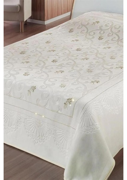 Pırıltı Embos Çift Kişilik Tek Battaniye 220X240 cm Krem - Altın