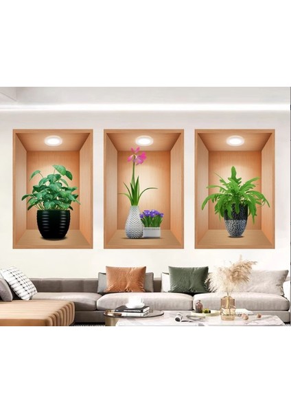 3D Çiçek Vazo Duvar Sticker 3 Lü Set Kahverengi Fon (5256) fiyatları
