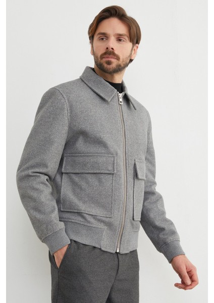 Fermuarlı Polo Yaka Cepli Kaşe Ceket