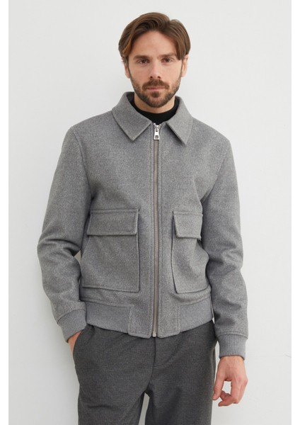 Fermuarlı Polo Yaka Cepli Kaşe Ceket