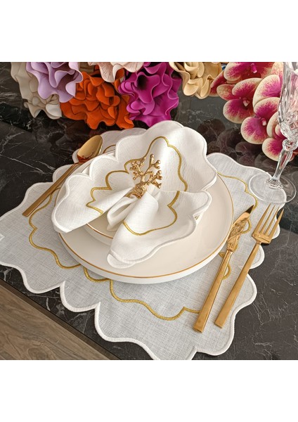 Ekru ve Ebruli Gümüş, Silver Detaylı Amerikan Servis, Supla Leke Tutamaz Kumaş Özellikli 6 Adet