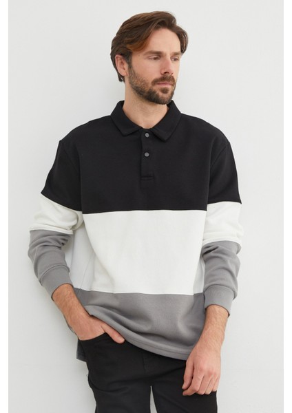Renk Bloklu Polo Yaka Yarım Düğmeli Pike Sweatshirt