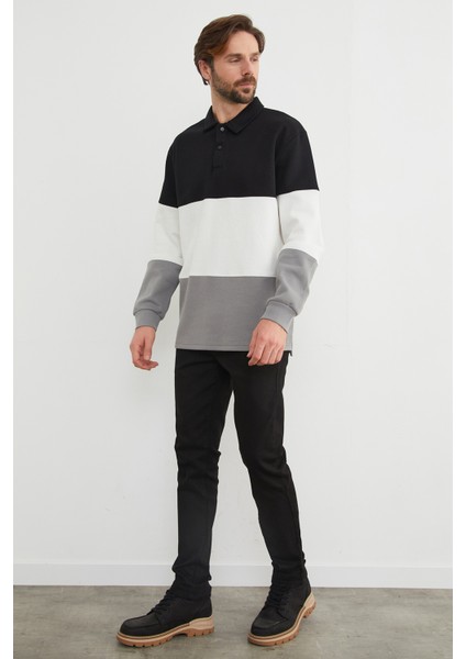 Renk Bloklu Polo Yaka Yarım Düğmeli Pike Sweatshirt modelleri