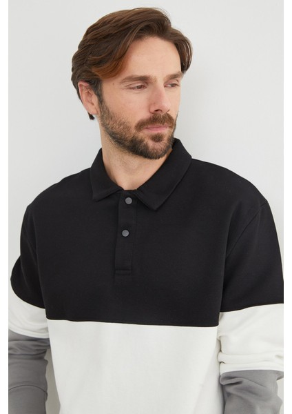 Renk Bloklu Polo Yaka Yarım Düğmeli Pike Sweatshirt fırsatları