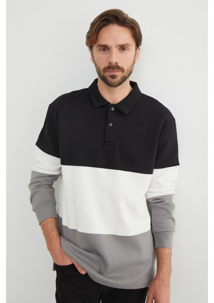 Renk Bloklu Polo Yaka Yarım Düğmeli Pike Sweatshirt indirimleri