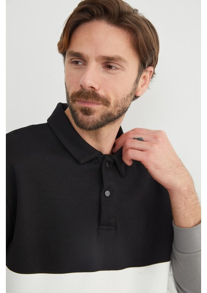 Renk Bloklu Polo Yaka Yarım Düğmeli Pike Sweatshirt