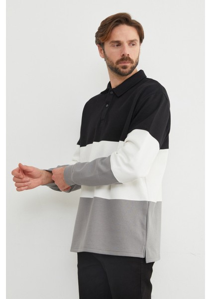 Renk Bloklu Polo Yaka Yarım Düğmeli Pike Sweatshirt