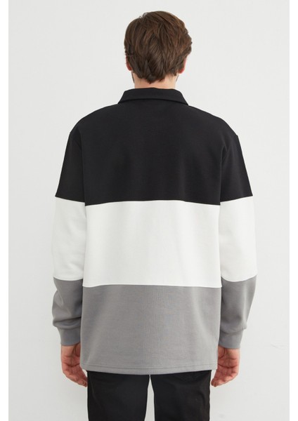 Renk Bloklu Polo Yaka Yarım Düğmeli Pike Sweatshirt