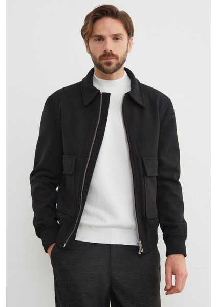 Fermuarlı Polo Yaka Cepli Kaşe Ceket