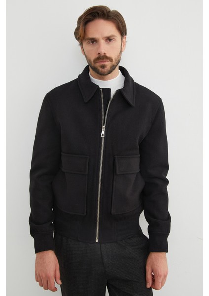 Fermuarlı Polo Yaka Cepli Kaşe Ceket