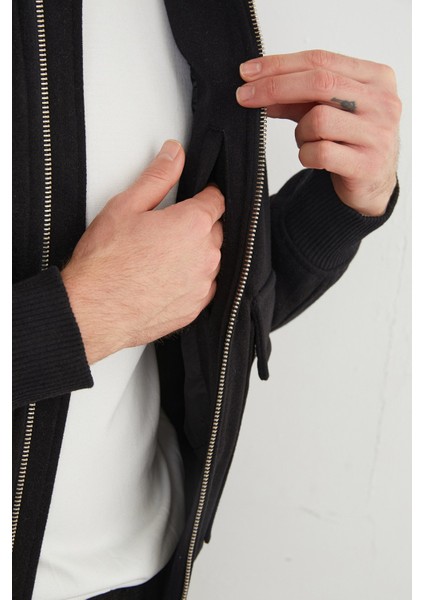 Fermuarlı Polo Yaka Cepli Kaşe Ceket