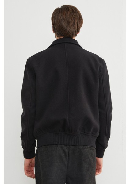 Fermuarlı Polo Yaka Cepli Kaşe Ceket