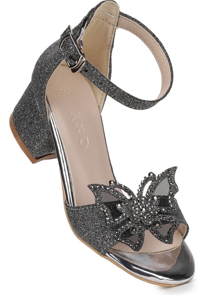 Zete Kum Simli Kız Çocuk 4 Cm Topuklu Sandalet Abiye Ayakkabı