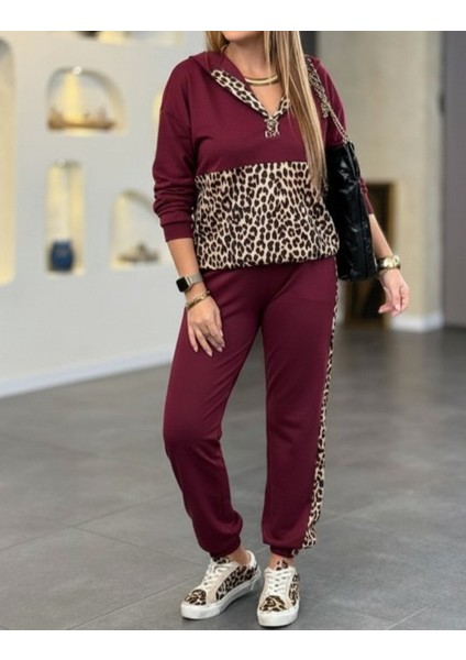Kadın Leopar Desen Detaylı Kapşonlu Viskon Iki Iplik Ikili Takım