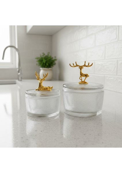 Geyik Detaylı Gold Renk Yuvarlak 2'li Cam Şekerlik Takımı