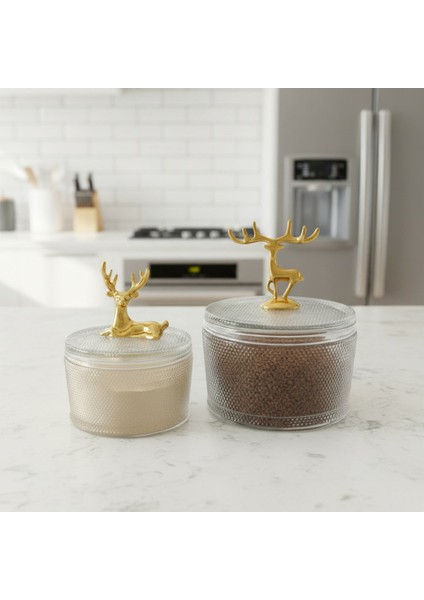 Geyik Detaylı Gold Renk Yuvarlak 2'li Cam Şekerlik Takımı fiyatları