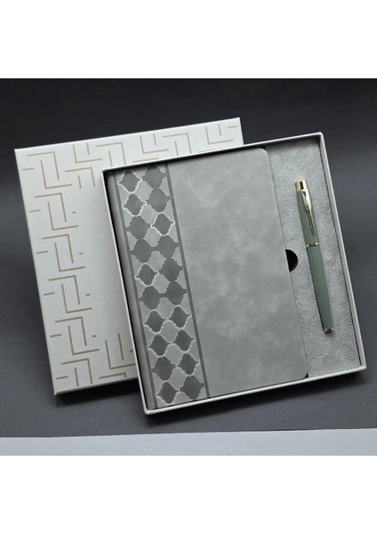 Kutulu Gri Defter ve Metal Kalem Seti