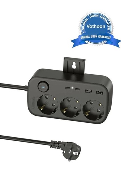 Akım Korumalı Priz 2 USB + 2 Type-C Girişli 2 Metre Kablosu Anahtarlı ve Duvara Monte Edilebilir