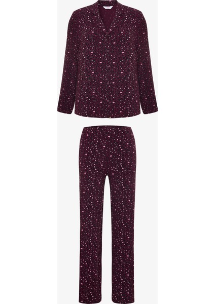 Bordo Leopar Desenli Fitilli Gömlek Yakalı Uzun Kollu Pijama Takımı