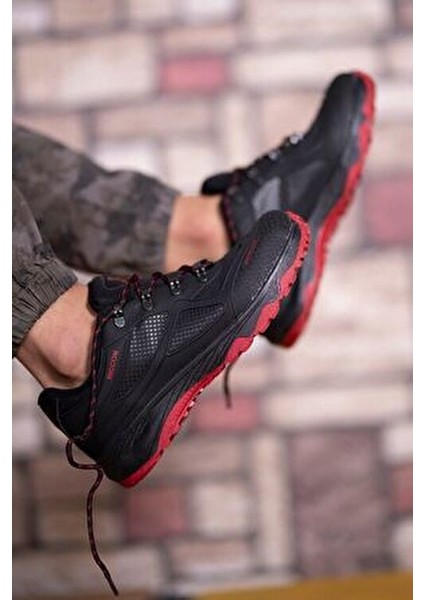 Unisex Trekking Ayakkabı Siyah Kırmızı Kaymaz Taban Su Geçirmez Özellikte