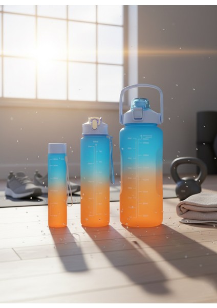 Mavi, 3’lü Set - Sticker’lı Pipetli Matara Seti - 2000ML,900ML,300ML