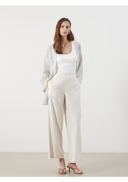 Yeni Sezon Beli Lastikli Çizgili Keten Karışımlı Kadın Pantolon