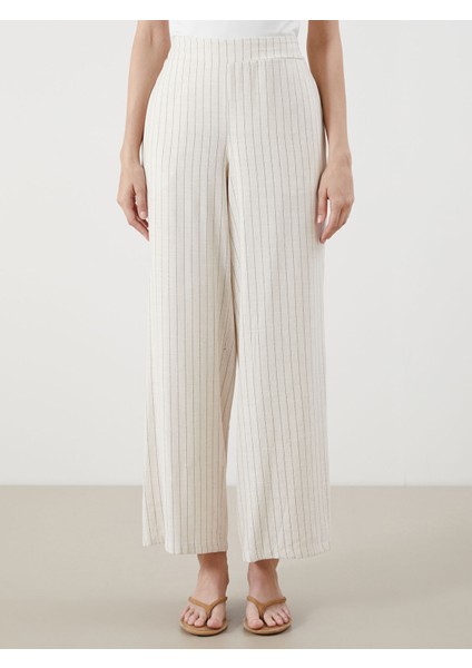 Yeni Sezon Beli Lastikli Çizgili Keten Karışımlı Kadın Pantolon fiyatları