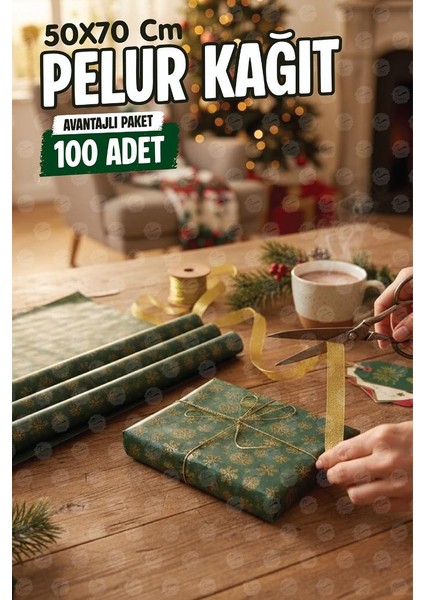 Yılbaşı Kar Tanesi Desenli Yeşil Gold Pelur Kağıt , Kırmızı Yılbaşı Hediye Paketi, Pelur Kağıdı, 100 ADET-T1513 modelleri