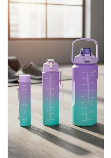 Mor, 3’lü Set - Sticker’lı Pipetli Matara Seti - 2000ML,900ML,300ML