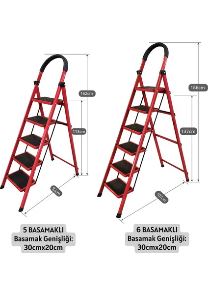 5 Basamaklı Katlanır Merdiven | Kaymaz Geniş Basamaklı Ev & Mutfak Tipi | 150 Kg Kapasiteli Emniyetli Kırmızı fiyatları