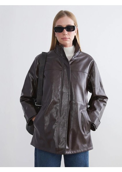 Dik Yaka Oversize Kadın Deri Görünümlü Mont (W5)