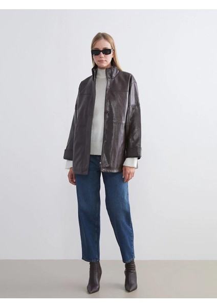 Dik Yaka Oversize Kadın Deri Görünümlü Mont (W5) fiyatları