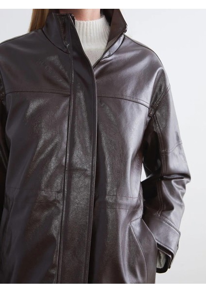 Dik Yaka Oversize Kadın Deri Görünümlü Mont (W5) fırsatları