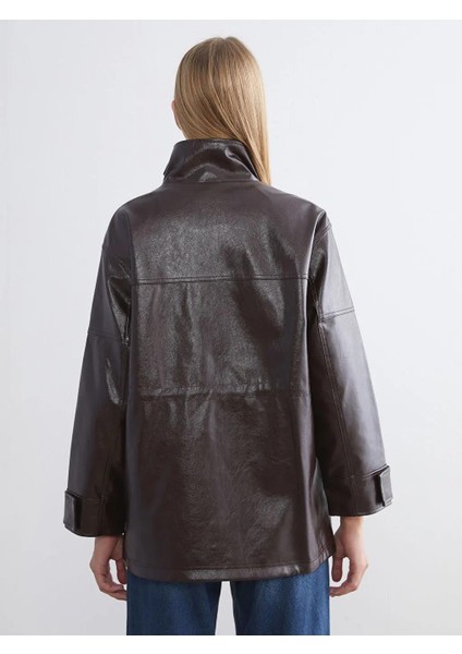 Dik Yaka Oversize Kadın Deri Görünümlü Mont (W5) indirimleri