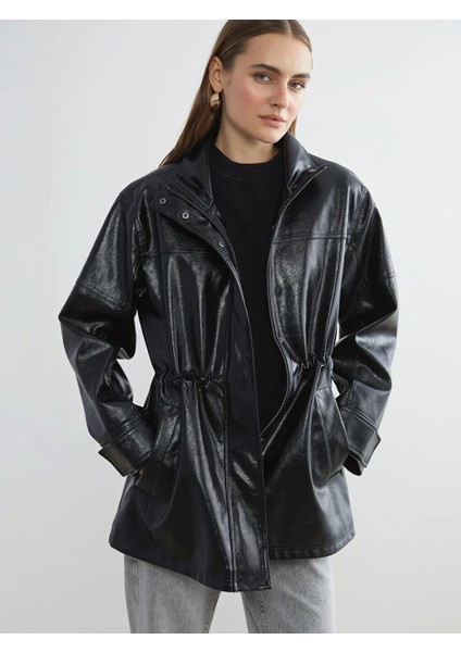 Dik Yaka Oversize Kadın Deri Görünümlü Mont (W5)