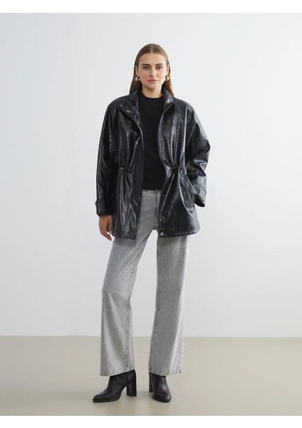 Dik Yaka Oversize Kadın Deri Görünümlü Mont (W5) fiyatları